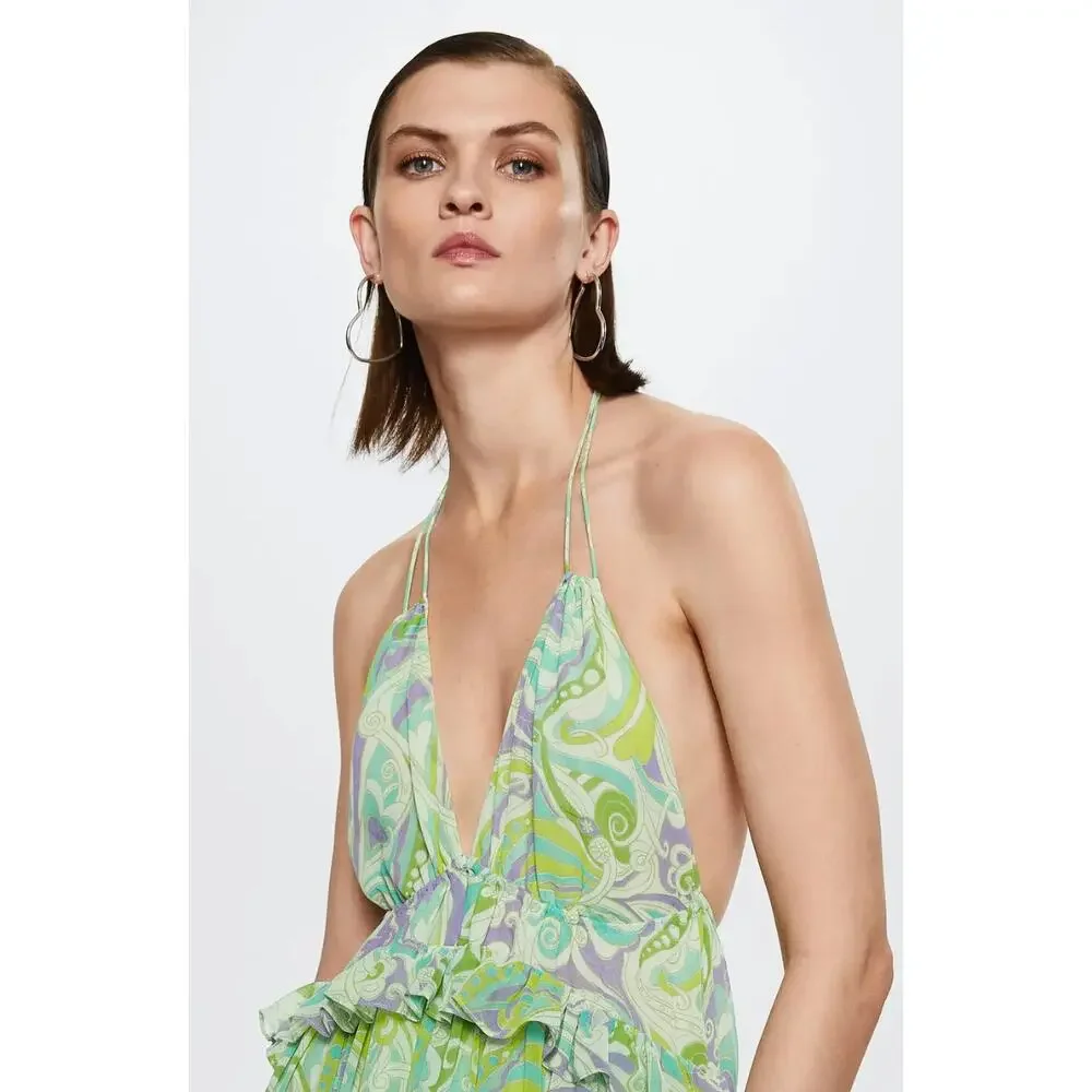 Mango Maxi Dress Chiffon Printed Ruffle Resort Boho Green A Line Medium NWT - Picture 5 of 16